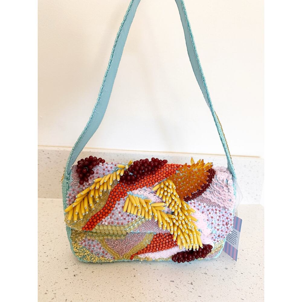 Handmade Beaded Shoulder Bag Turquoise Floral Multicolor Handcrafted in India